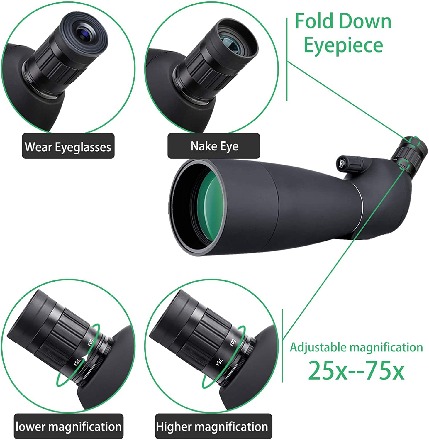 Telescop Svbony SV28 cu trepied si adaptor de telefon mobil cu unghi de 45 de grade BAK-4, 25x-75x, negru