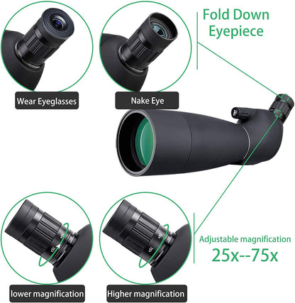 Telescop Svbony SV28 cu trepied si adaptor de telefon mobil cu unghi de 45 de grade BAK-4, 25x-75x, negru