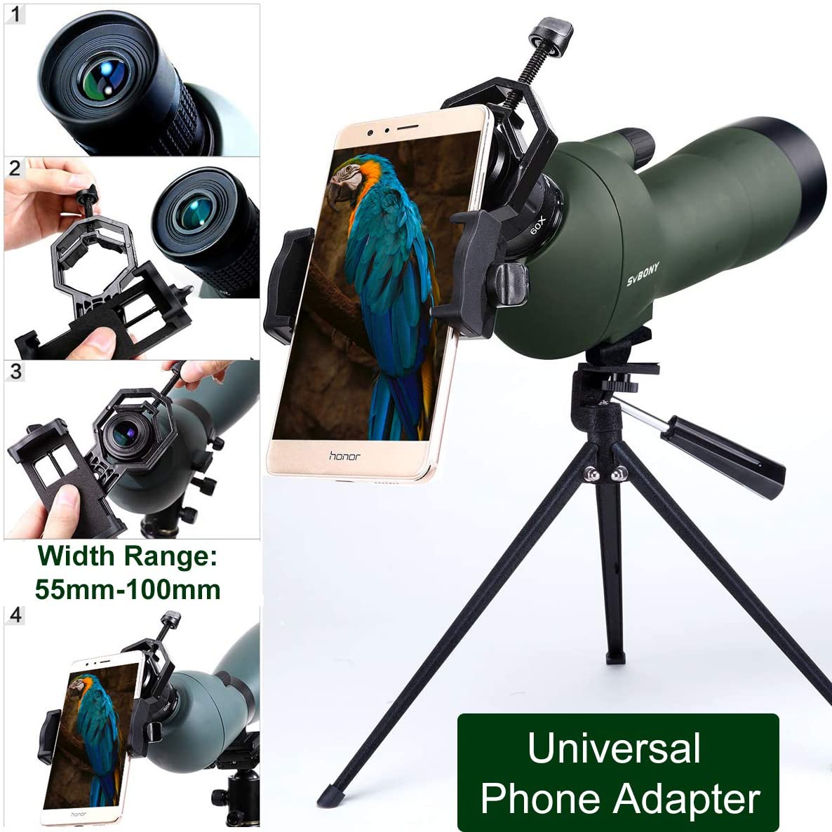 Telescop Svbony SV28 cu trepied si adaptor de telefon mobil cu unghi de 45 de grade BAK-4, 20x-60x, 80mm, rezistent la apa IP65