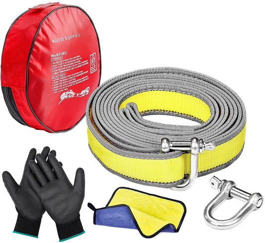 Chinga de remorcare 9t, 5m lungime si 5 cm latime, cu carlige cu pin de siguranta, geanta de depozitare, manusi de protectie si laveta