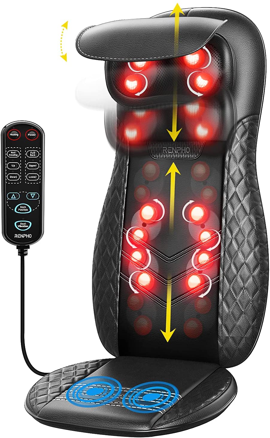 Husa de scaun pentru masaj Shiatsu cu trei zone de masaj, functie de caldura si vibratii, pentru gat, spate, fese, Renpho