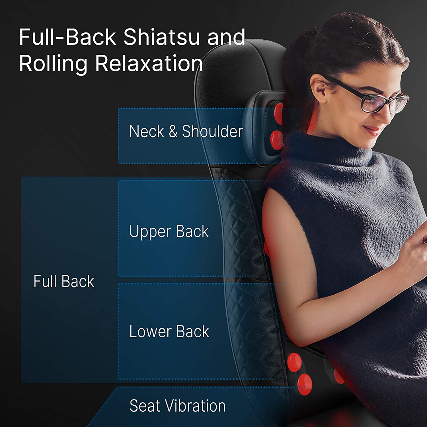 Husa de scaun pentru masaj Shiatsu cu trei zone de masaj, functie de caldura si vibratii, pentru gat, spate, fese, Renpho