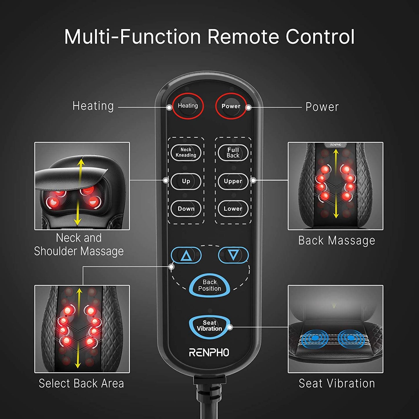 Husa de scaun pentru masaj Shiatsu cu trei zone de masaj, functie de caldura si vibratii, pentru gat, spate, fese, Renpho