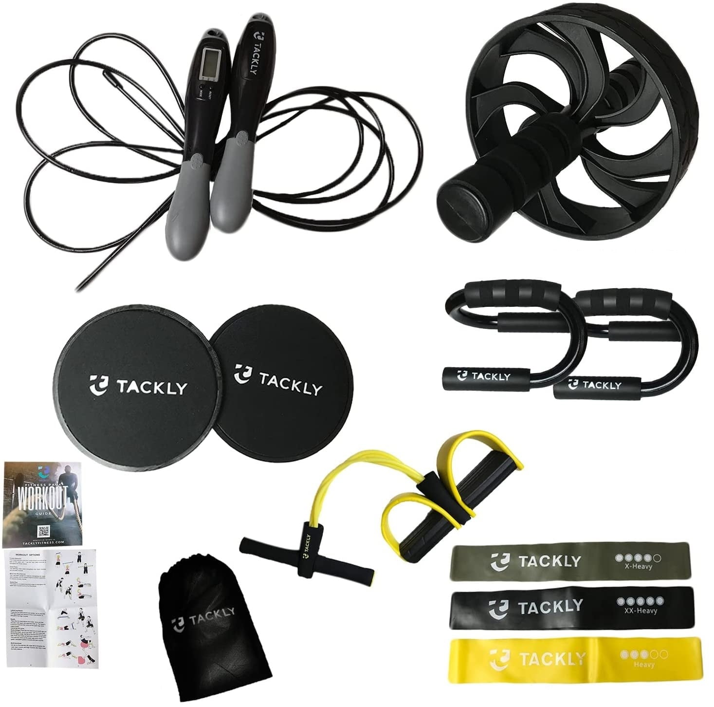 Set de fitness 7 in 1 cu roata abdomene Ab roller, covoras, discuri anti-alunecare, manere flotari, 3 benzi elastice, aparat extensor, coarda de sarit si saculet transport