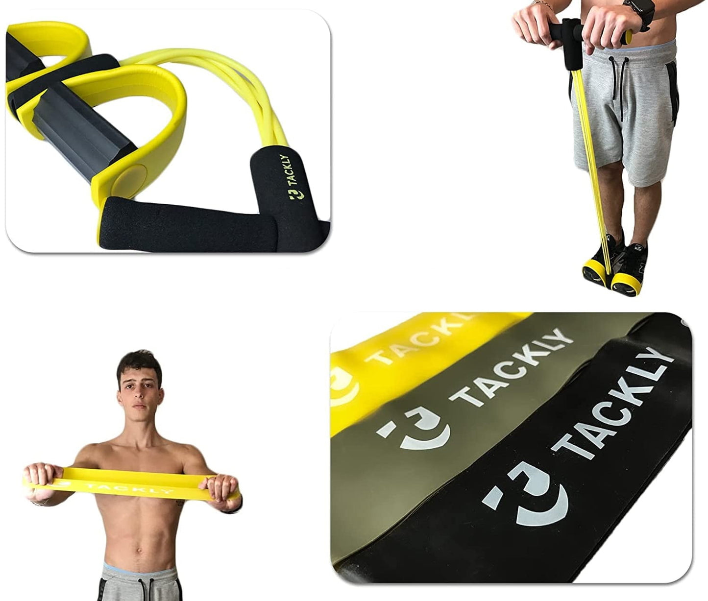 Set de fitness 7 in 1 cu roata abdomene Ab roller, covoras, discuri anti-alunecare, manere flotari, 3 benzi elastice, aparat extensor, coarda de sarit si saculet transport