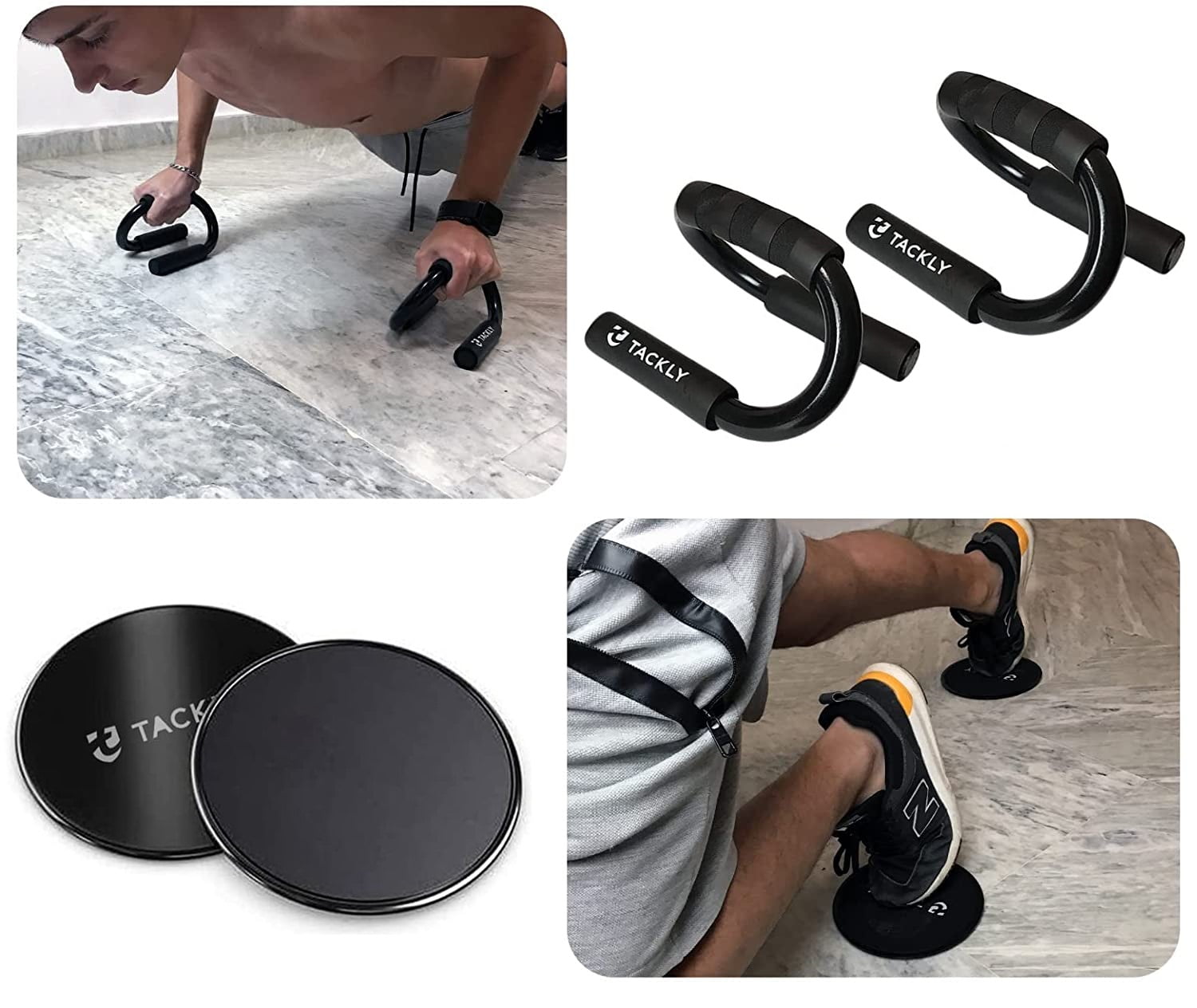 Set de fitness 7 in 1 cu roata abdomene Ab roller, covoras, discuri anti-alunecare, manere flotari, 3 benzi elastice, aparat extensor, coarda de sarit si saculet transport
