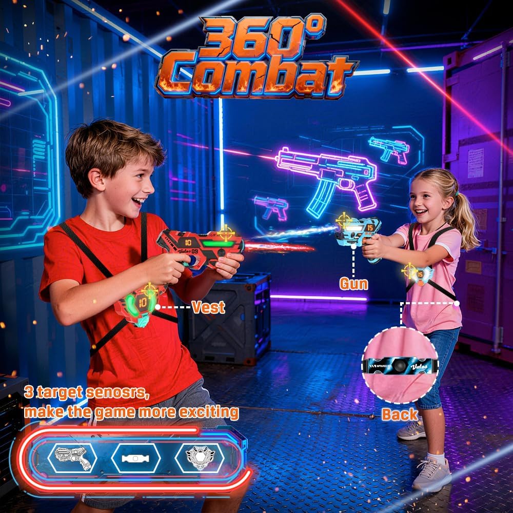 Set pistol Laser Tag VATOS, 4 arme cu infrarosu 2.4GHz + 4 veste cu senzori 360°, display LCD, 4 moduri de tragere, reincarcabil USB, sincronizare automata, raza 40m, joc interactiv pentru copii si familie