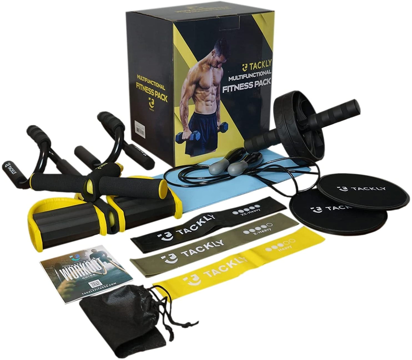 Set de fitness 7 in 1 cu roata abdomene Ab roller, covoras, discuri anti-alunecare, manere flotari, 3 benzi elastice, aparat extensor, coarda de sarit si saculet transport