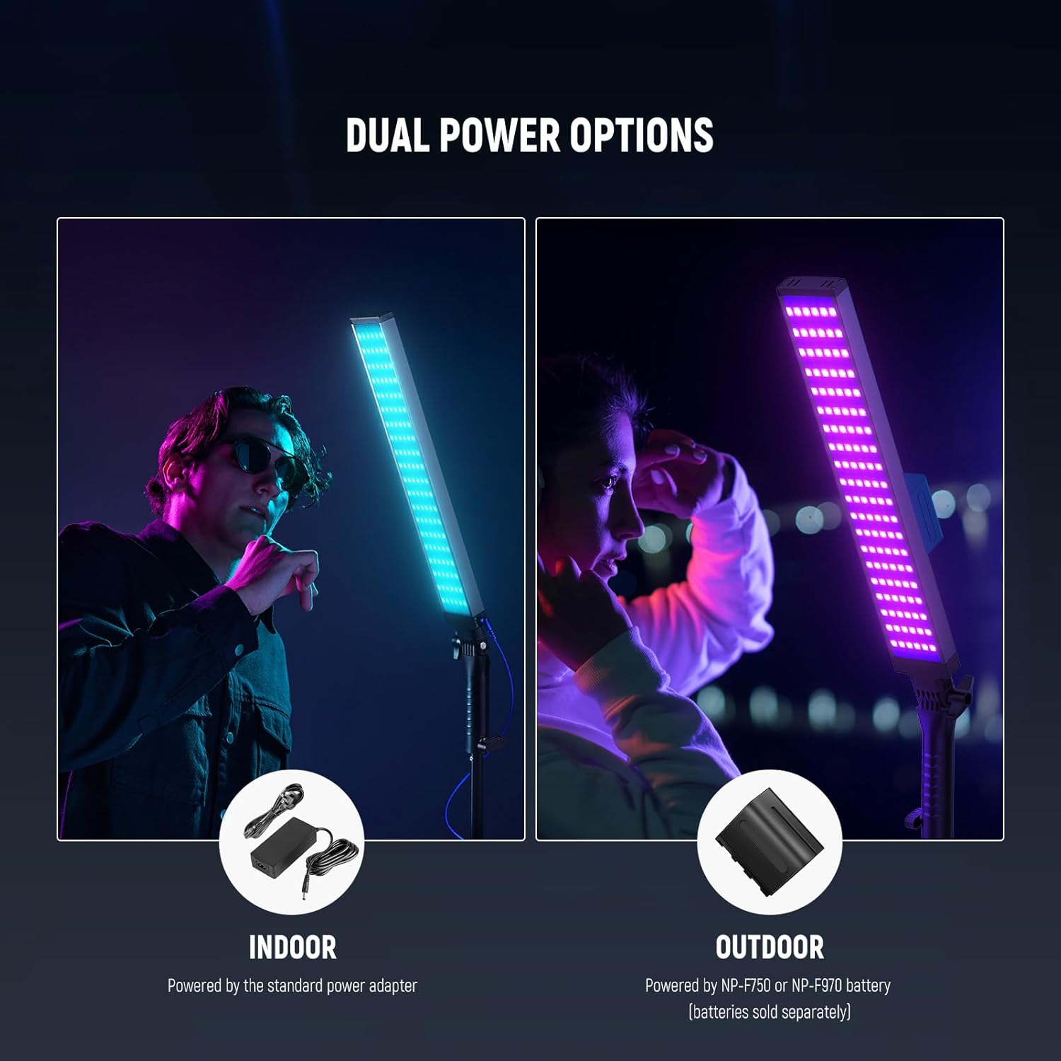 Kit lumina continua, 2 lumini studio LED RGB, lampa video CRI95+, 3250lux, dimabile 2500-10000K, control prin aplicatie, filtre difuzie, display LCD, alimentare duala, cu 2 buc trepied reglabil si geanta de depozitare si transport