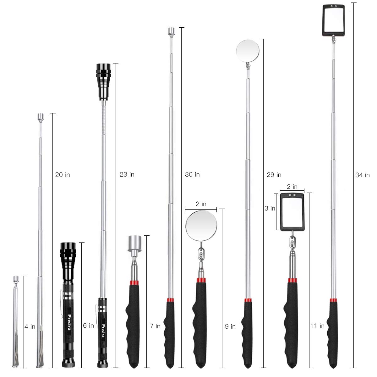 Set recuperator magnetic 5 piese, cu recuperatoare telescopice, oglinda rotunda, oglinda patrata cu lumina si lanterna LED telescopica