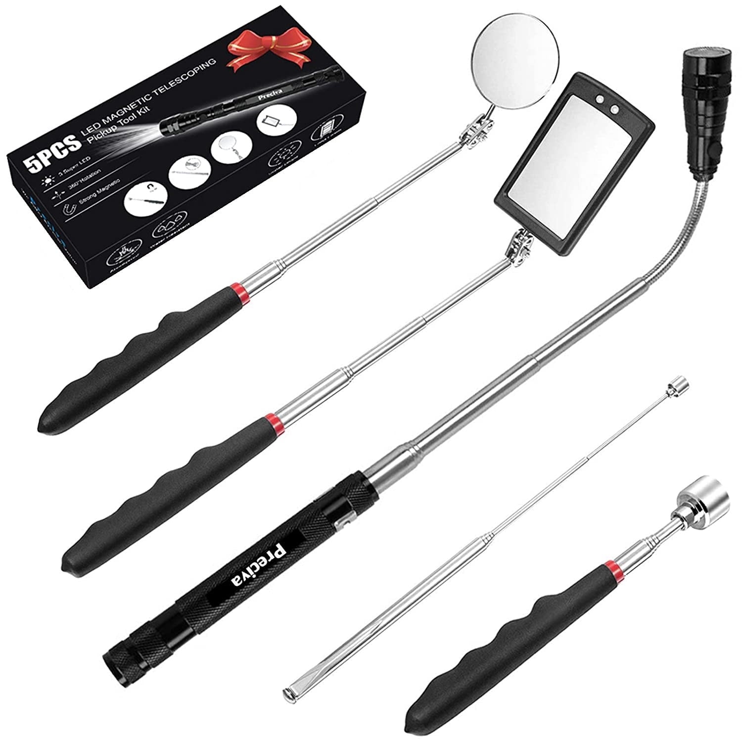 Set recuperator magnetic 5 piese, cu recuperatoare telescopice, oglinda rotunda, oglinda patrata cu lumina si lanterna LED telescopica