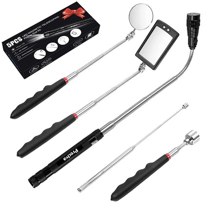 Set recuperator magnetic 5 piese, cu recuperatoare telescopice, oglinda rotunda, oglinda patrata cu lumina si lanterna LED telescopica