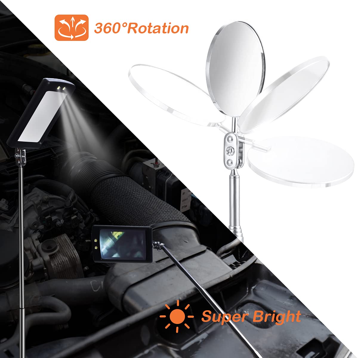 Set recuperator magnetic 5 piese, cu recuperatoare telescopice, oglinda rotunda, oglinda patrata cu lumina si lanterna LED telescopica