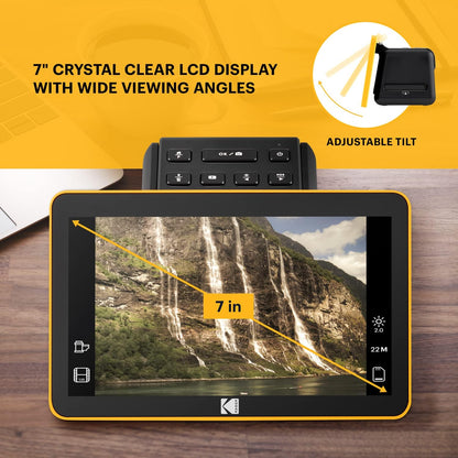Scanner de film si diapozitive cu ecran LCD de 7 inch, 14/22 mp, compatibil film color si alb-negru 135, 110 si 126, functie incarcare continua, editare foto, cu slot card SD sau SDHC, port HDMI, negru