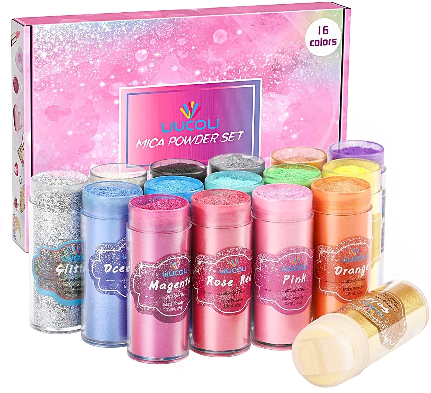 Set pigmenti pudra cu 16 culori metalice 18ml, aditiv multifunctional pentru vopsea, rasina epoxidica, lumanari, slime, lac de unghii, sapun