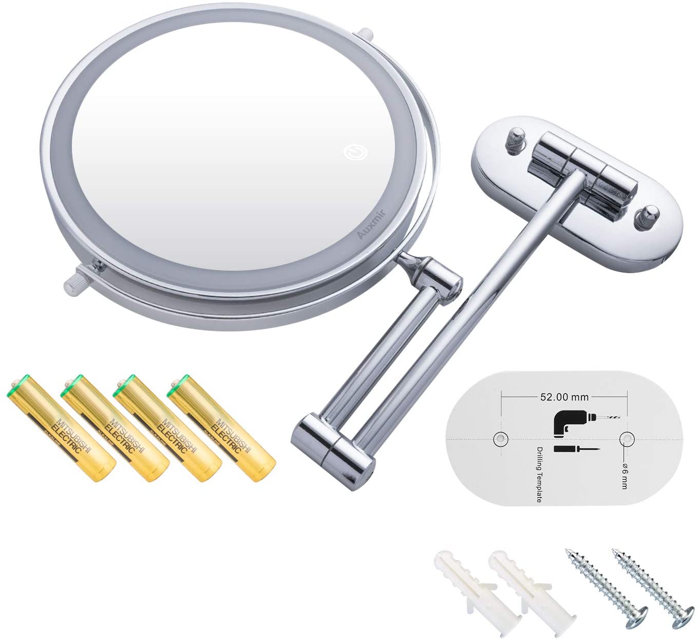 Oglinda cosmetica iluminata LED cu brat pliabil, fara fir, cu 4 baterii AAA, marire 10X-1X cu 2 fete, rotabila 360°