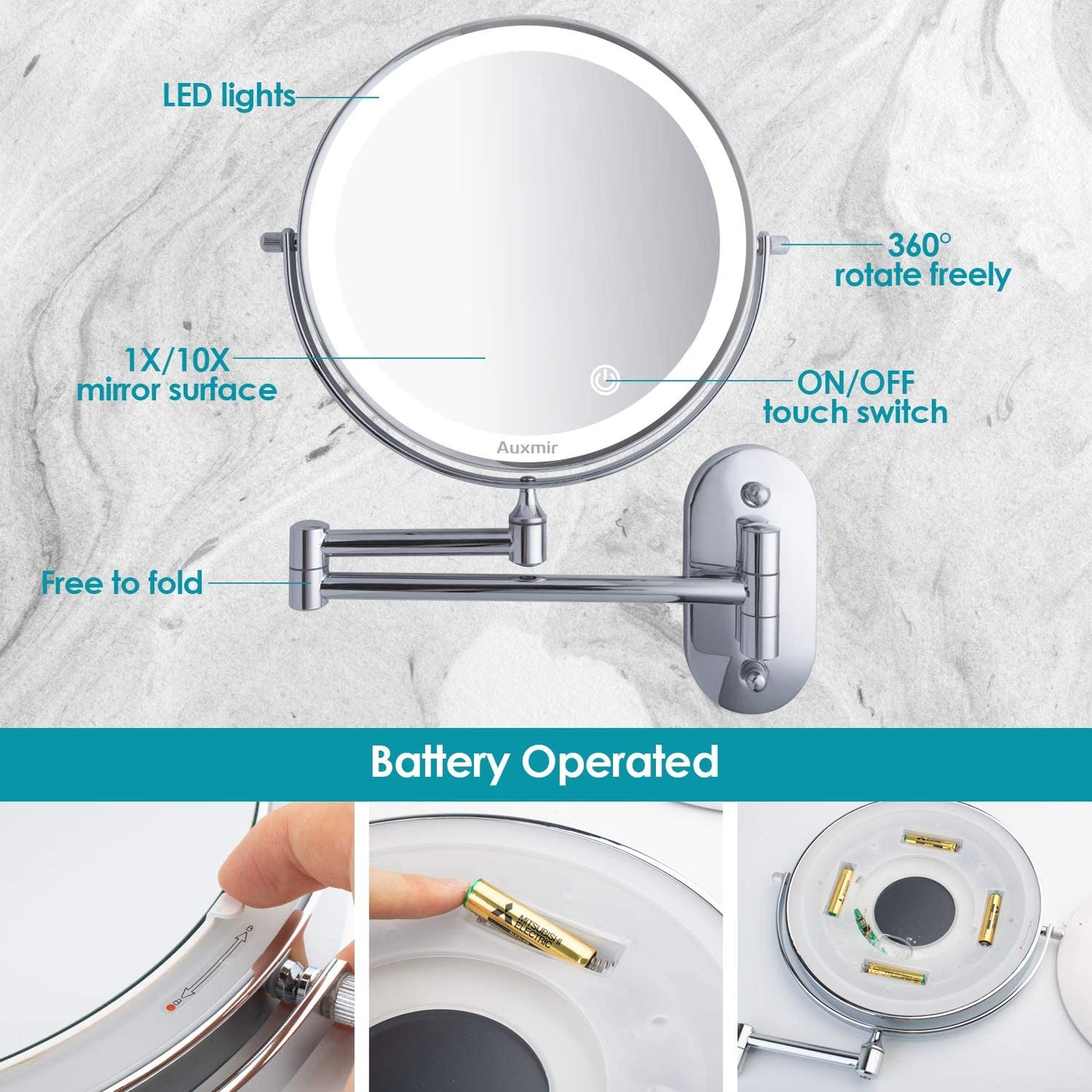 Oglinda cosmetica iluminata LED cu brat pliabil, fara fir, cu 4 baterii AAA, marire 10X-1X cu 2 fete, rotabila 360°