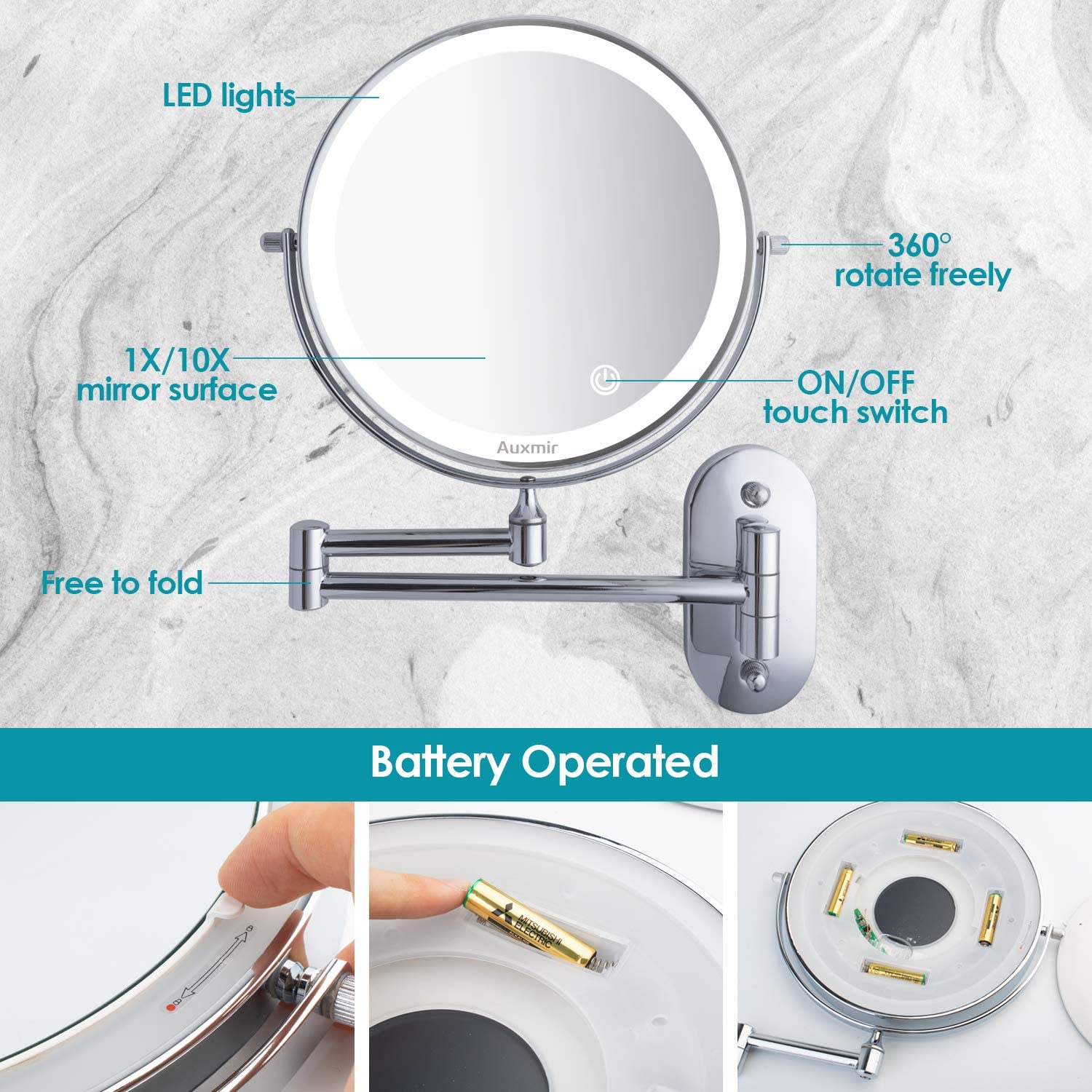 Oglinda cosmetica iluminata LED cu brat pliabil, fara fir, cu 4 baterii AAA, marire 10X-1X cu 2 fete, rotabila 360°