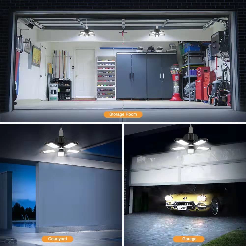 Bec LED E27, lumina de garaj, plafoniera cu 5 panouri reglabile, 80W, 6500 K, 8000 lm, lampa de lucru pentru garaje, subsoluri, depozite, mansarda, bucatarie