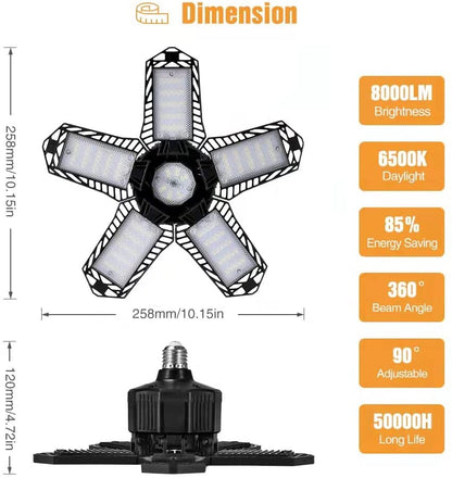 Bec LED E27, lumina de garaj, plafoniera cu 5 panouri reglabile, 80W, 6500 K, 8000 lm, lampa de lucru pentru garaje, subsoluri, depozite, mansarda, bucatarie