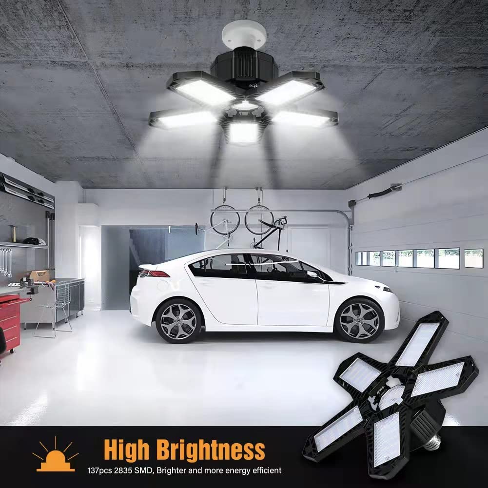 Bec LED E27, lumina de garaj, plafoniera cu 5 panouri reglabile, 80W, 6500 K, 8000 lm, lampa de lucru pentru garaje, subsoluri, depozite, mansarda, bucatarie