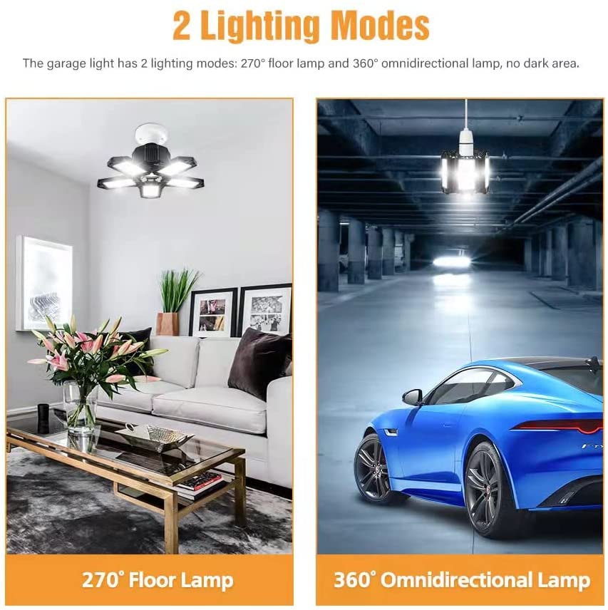 Bec LED E27, lumina de garaj, plafoniera cu 5 panouri reglabile, 80W, 6500 K, 8000 lm, lampa de lucru pentru garaje, subsoluri, depozite, mansarda, bucatarie