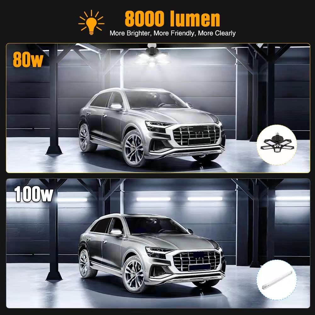 Bec LED E27, lumina de garaj, plafoniera cu 5 panouri reglabile, 80W, 6500 K, 8000 lm, lampa de lucru pentru garaje, subsoluri, depozite, mansarda, bucatarie
