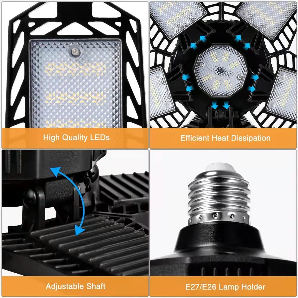 Bec LED E27, lumina de garaj, plafoniera cu 5 panouri reglabile, 80W, 6500 K, 8000 lm, lampa de lucru pentru garaje, subsoluri, depozite, mansarda, bucatarie