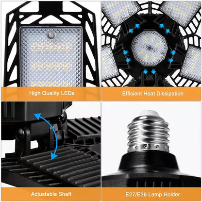 Bec LED E27, lumina de garaj, plafoniera cu 5 panouri reglabile, 80W, 6500 K, 8000 lm, lampa de lucru pentru garaje, subsoluri, depozite, mansarda, bucatarie
