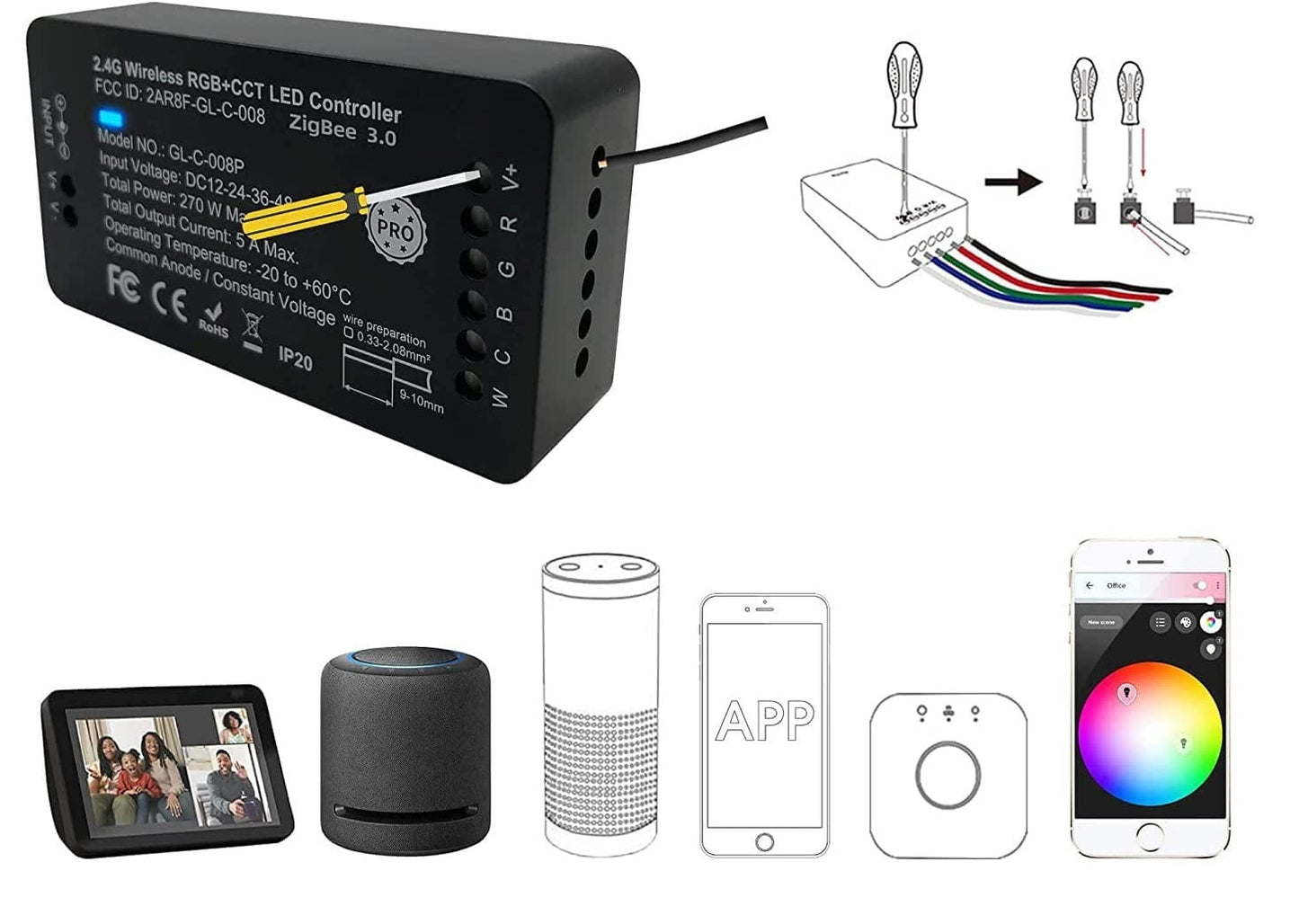 Controler LED Smart RGB+CCT, Zigbee 3.0, pentru banda RGBW RGBWW, control vocal si aplicatie, compatibil cu Alexa, Hub Bridge, TUYA, Amazon Echo Plus, Echo Studio