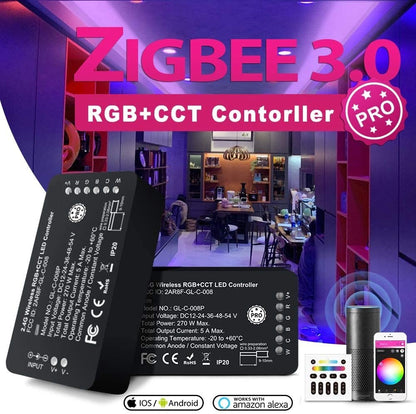 Controler LED Smart RGB+CCT, Zigbee 3.0, pentru banda RGBW RGBWW, control vocal si aplicatie, compatibil cu Alexa, Hub Bridge, TUYA, Amazon Echo Plus, Echo Studio