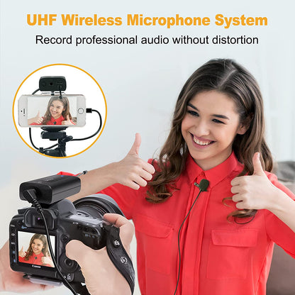 Microfon lavaliera wireless UHF cu ecran LCD, 1 transmitator si 1 receptor, 20 canale, reincarcabil, pentru Android, IOS, camera video