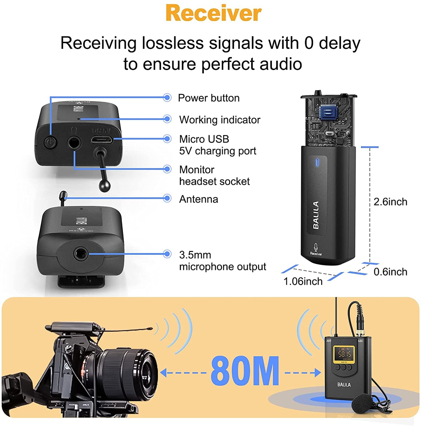 Microfon lavaliera wireless UHF cu ecran LCD, 1 transmitator si 1 receptor, 20 canale, reincarcabil, pentru Android, IOS, camera video