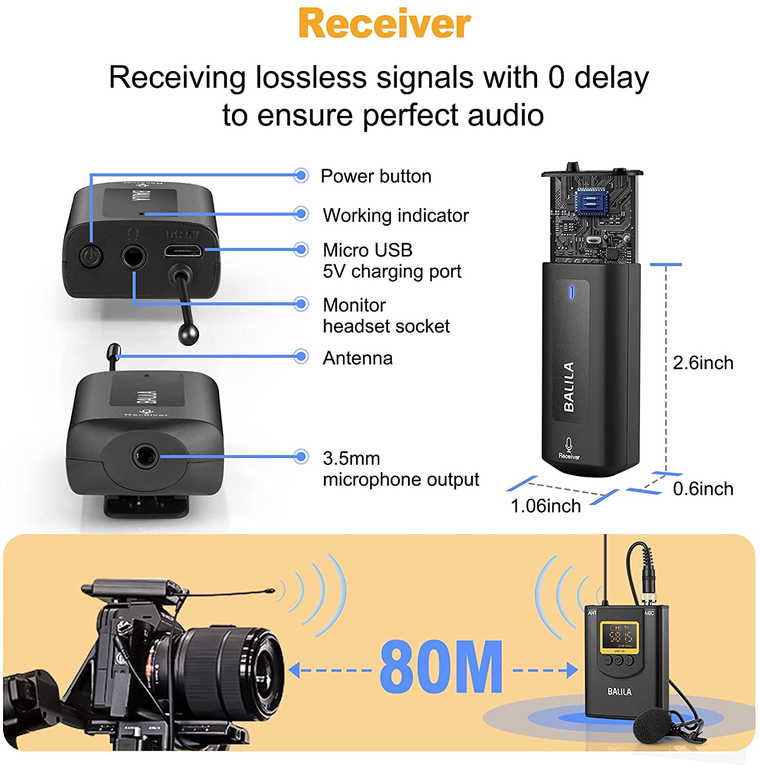 Microfon lavaliera wireless UHF cu ecran LCD, 1 transmitator si 1 receptor, 20 canale, reincarcabil, pentru Android, IOS, camera video