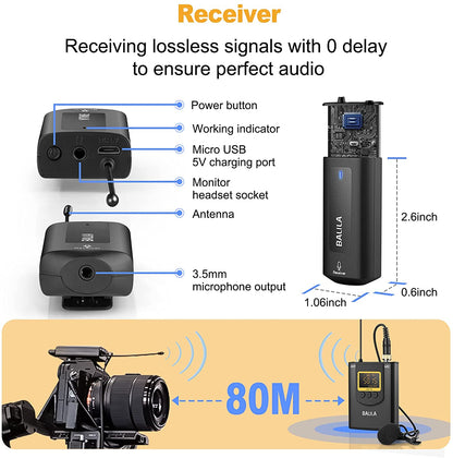 Microfon lavaliera wireless UHF cu ecran LCD, 1 transmitator si 1 receptor, 20 canale, reincarcabil, pentru Android, IOS, camera video