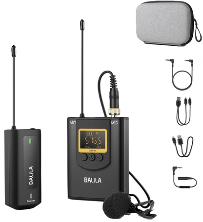Microfon lavaliera wireless UHF cu ecran LCD, 1 transmitator si 1 receptor, 20 canale, reincarcabil, pentru Android, IOS, camera video