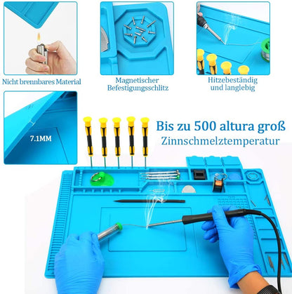 Covoras multifunctional pentru pistol de lipit, 45 x 30 cm, din silicon, rezistent la caldura 500°C, protectie pentru masa de lucru cu compartiment magnetic pentru suruburi