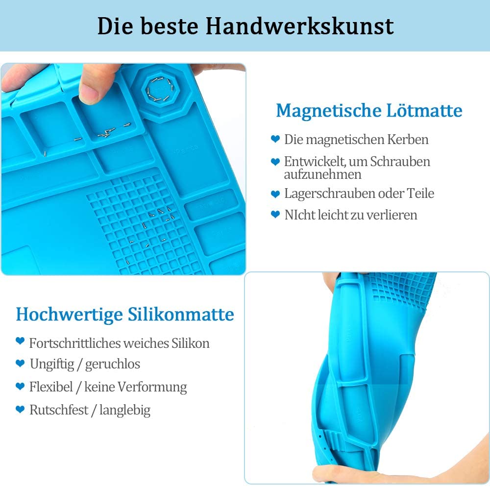 Covoras multifunctional pentru pistol de lipit, 45 x 30 cm, din silicon, rezistent la caldura 500°C, protectie pentru masa de lucru cu compartiment magnetic pentru suruburi