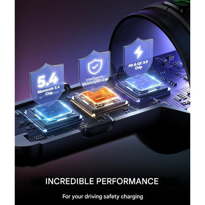 Modulator FM cu Bluetooth 5.4, apeluri Hands‑Free si dual microfon, incarcare rapida 60W (PD 30W + USB‑C 30W), Redare U‑Disk, LED multicolor, negru