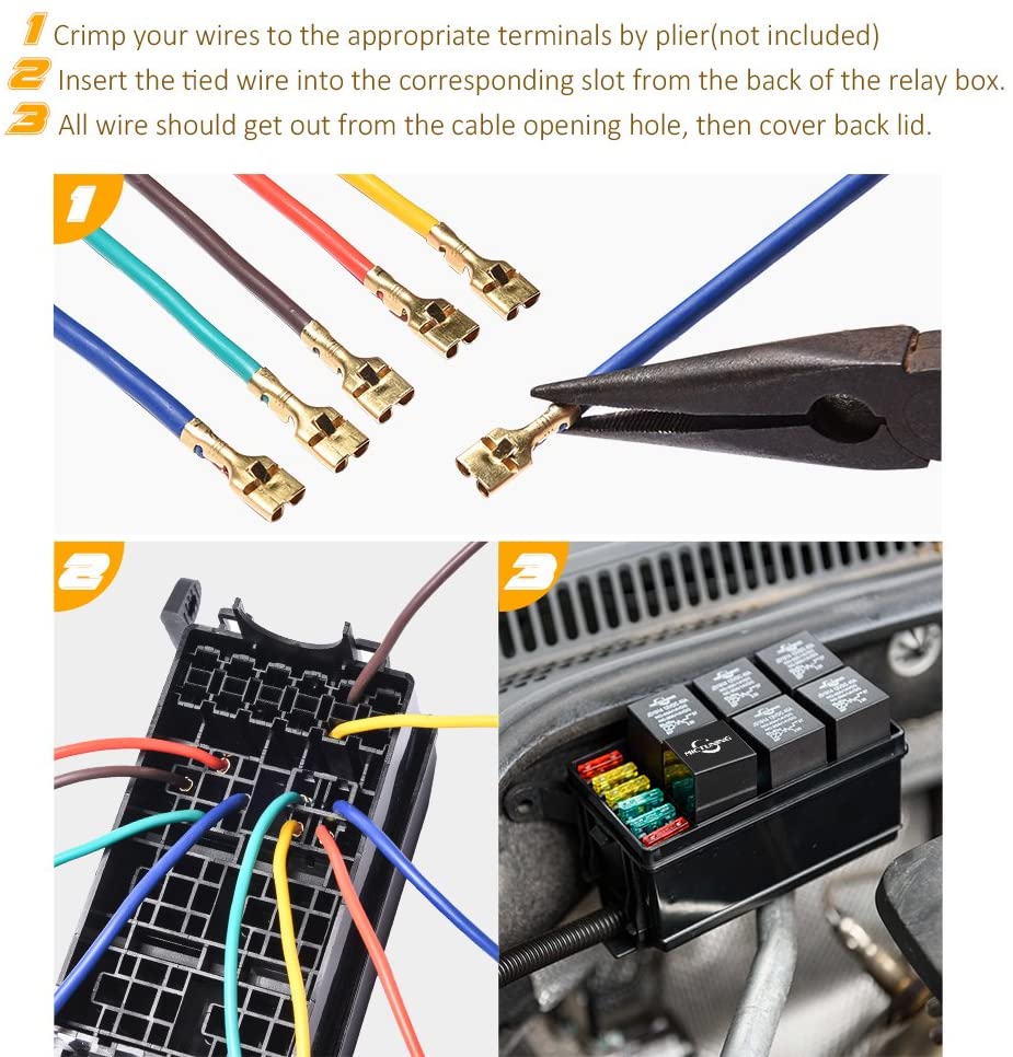 Set cutie relee si sigurante auto, suport releu cu 41 conectori, suporta 5 relee cu 5 pini, 1 releu cu 4 pini si 6 sigurante, pentru masina, barca, rulota
