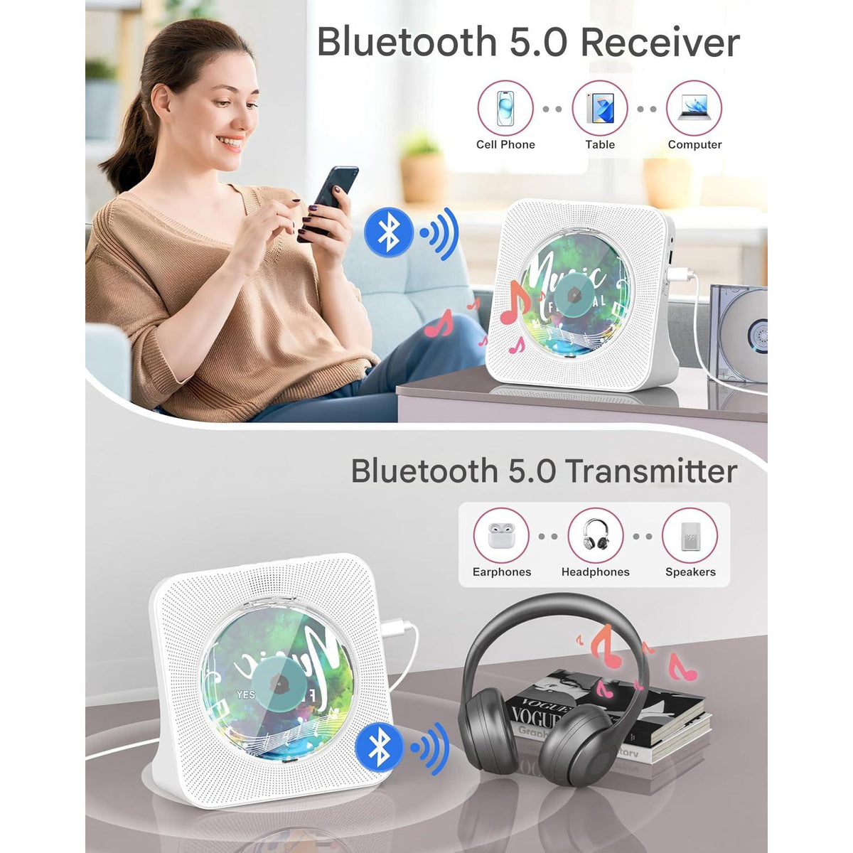 CD Player portabil premium Greadio cu Bluetooth 5.0 bidirectional, difuzoare HiFi stereo, telecomanda, display LED, radio FM, suport CD/MP3/USB/AUX, jack casti, design elegant anti-praf, functie sleep timer, alb