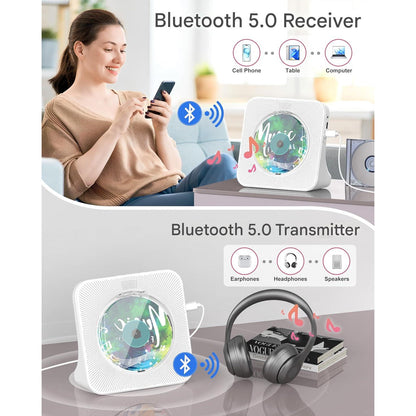 CD Player portabil premium Greadio cu Bluetooth 5.0 bidirectional, difuzoare HiFi stereo, telecomanda, display LED, radio FM, suport CD/MP3/USB/AUX, jack casti, design elegant anti-praf, functie sleep timer, alb