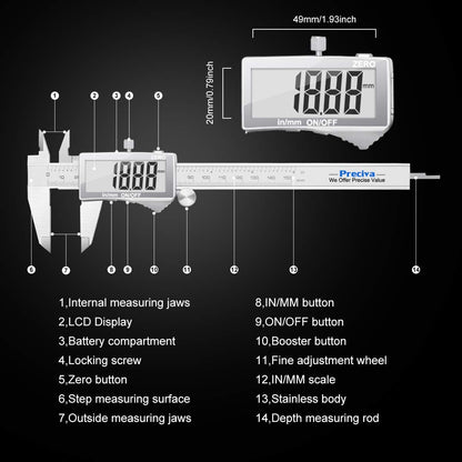 Subler digital, micrometru cu vernier profesional Preciva, 150 mm, afisaj LCD, din otel inoxidabil, masoara diametru interior, exterior, adancime, pas