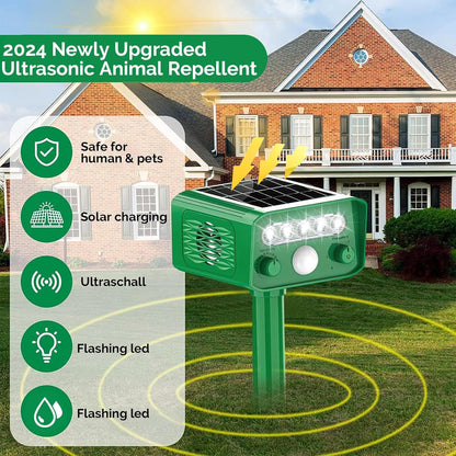 Dispozitiv cu ultrasunete anti-daunatori, cu panou solar, lumini LED, 5 moduri ajustabile, impotriva animalelor salbatice, anti rozatoare, caini, pisici, incarcare solara si USB, impermeabil IP65, verde