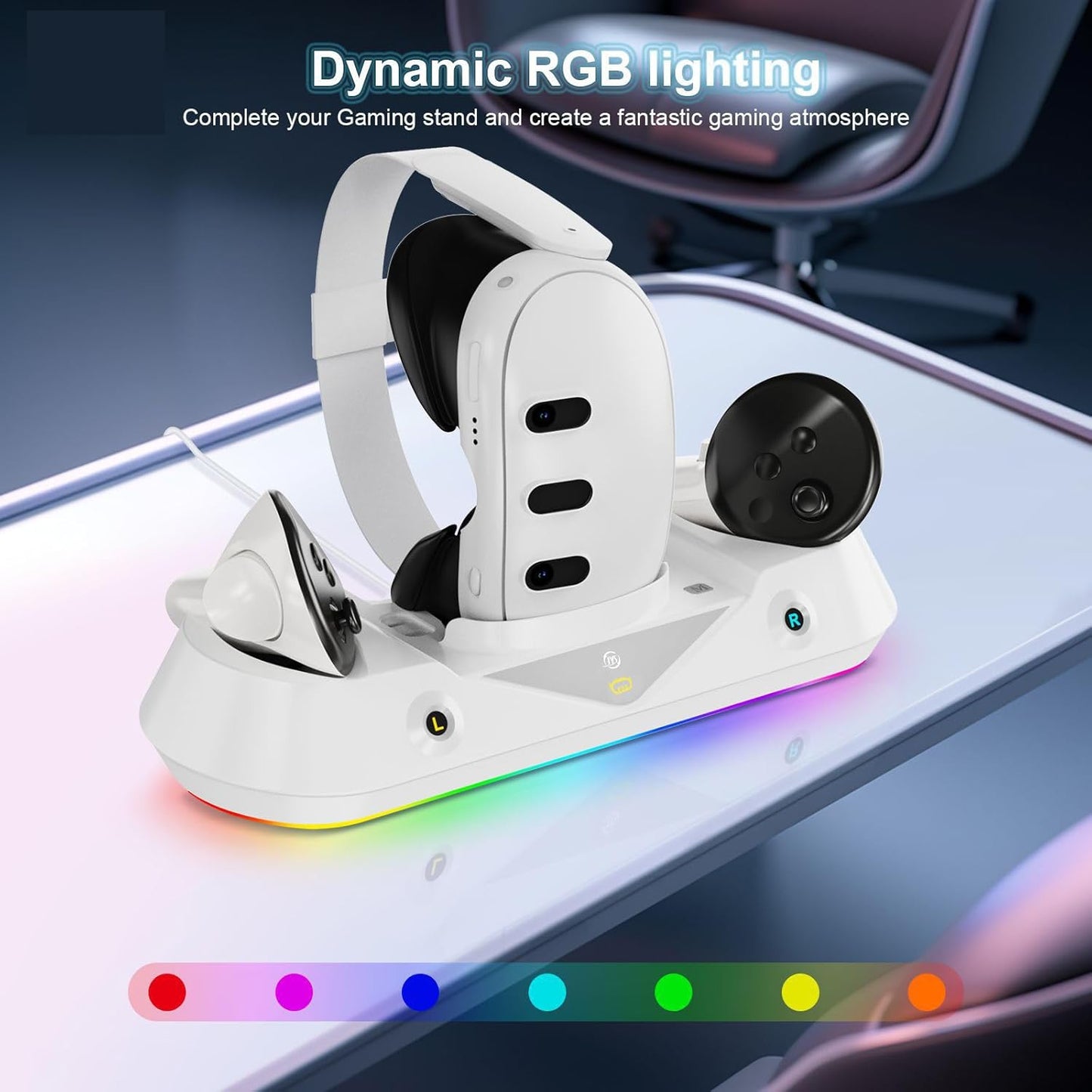 Statie de incarcare compatibila VR Meta Quest 3, pentru ochelari si controlere, cu lumini LED RGB, 2 acumulatori 1800 mAh si accesorii, alba