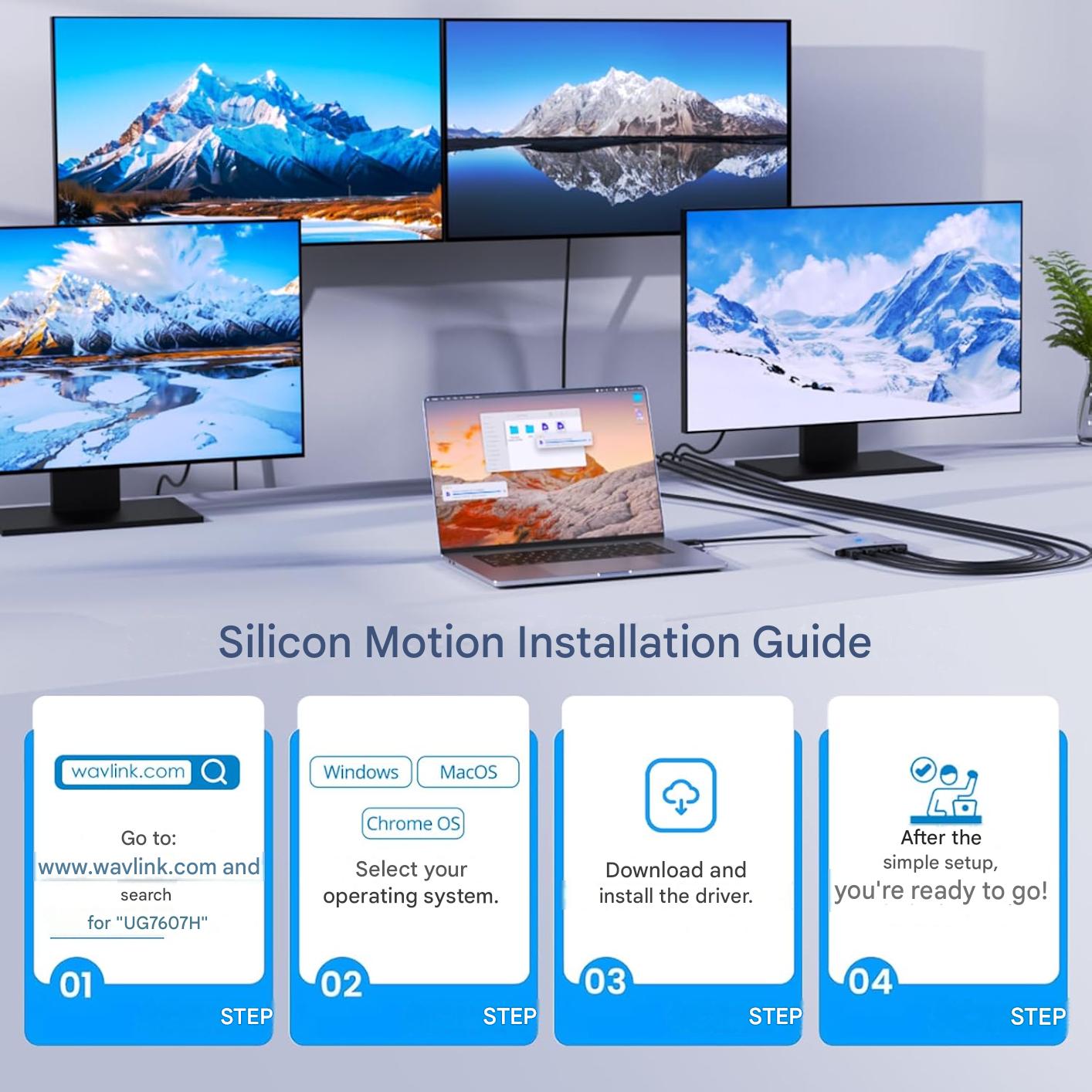 Statie de andocare WAVLINK Quad Monitor 4x HDMI, USB-C si USB-A, pentru MacBook Pro/Air M1 M2 M3 M4, extensie 4 monitoare, Dual 4K UHD + Dual Full HD 1080P, compatibil Windows 11/10, macOS, Thunderbolt 3/4, necesita driver SMI