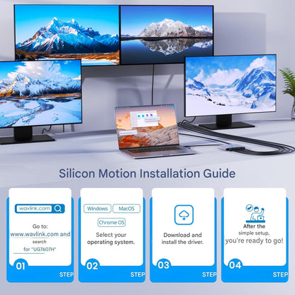 Statie de andocare WAVLINK Quad Monitor 4x HDMI, USB-C si USB-A, pentru MacBook Pro/Air M1 M2 M3 M4, extensie 4 monitoare, Dual 4K UHD + Dual Full HD 1080P, compatibil Windows 11/10, macOS, Thunderbolt 3/4, necesita driver SMI