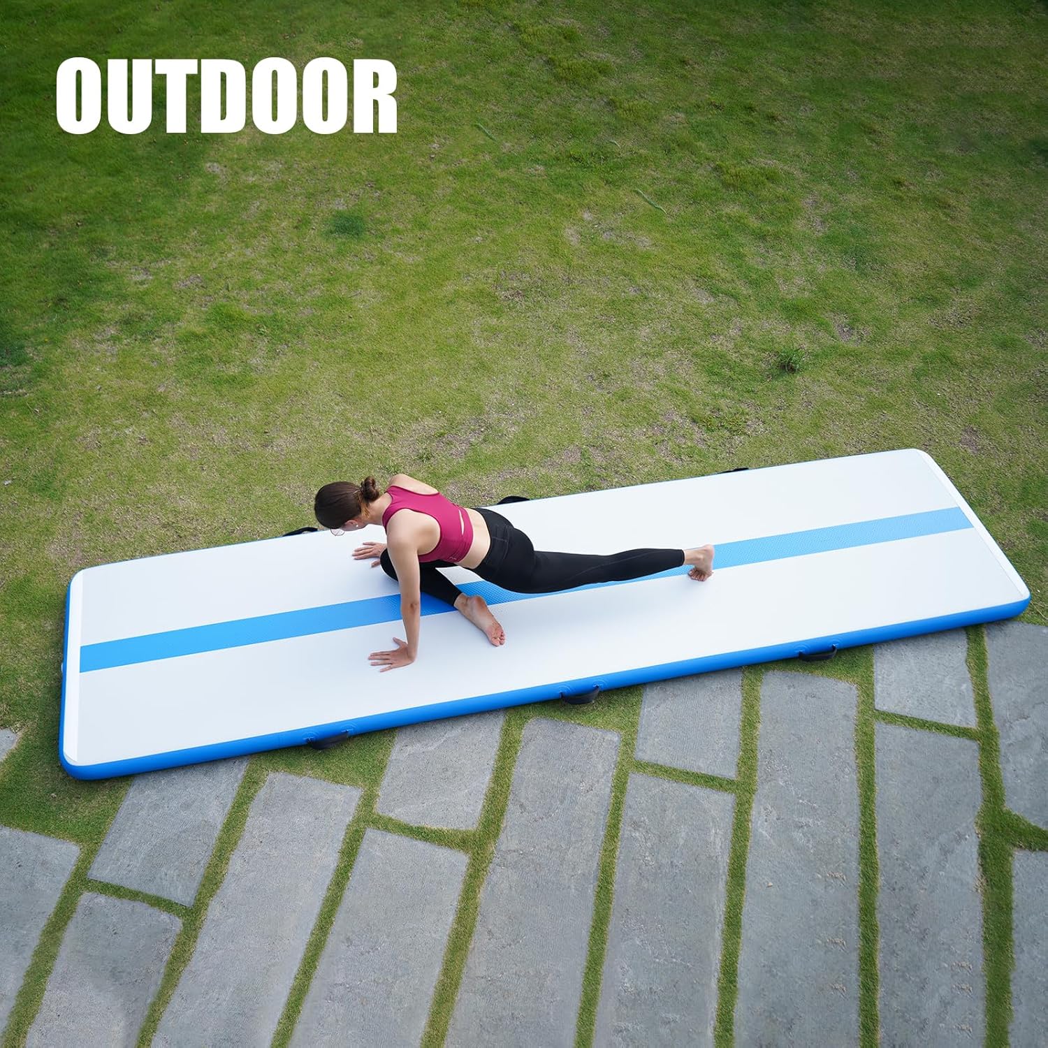Saltea pentru antrenament gimnastica, gonflabila, 300 x 100 x 10 cm, din PVC, rezistent UV, cu pompa electrica si geanta de transport, albastra