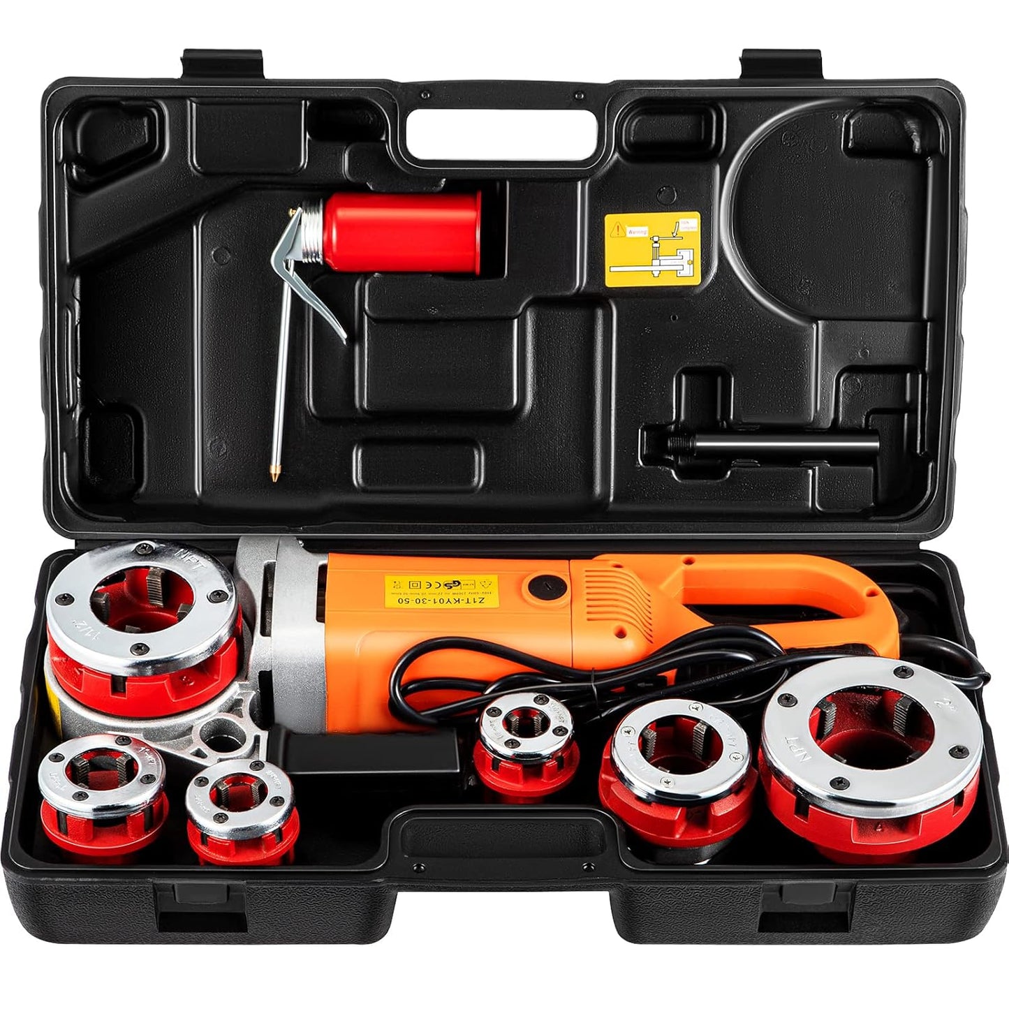 Masina de filetat VEVOR portabila 2300W 220V UE, filet electric tevi 1/2"–2", 6 matrite incluse, motor cupru 22 RPM, sistem reversibil, geanta transport, pentru tevi metalice, galvanizate si plastic, profesional