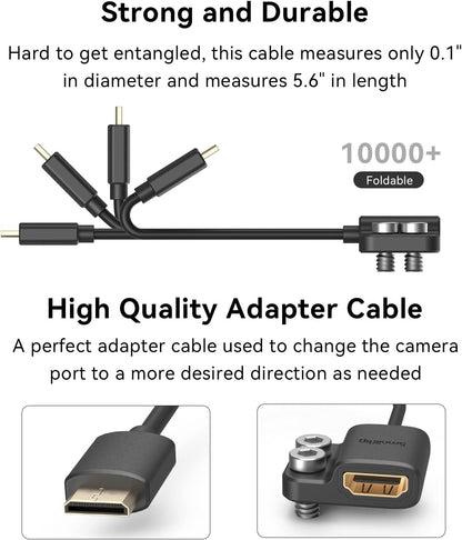 Adaptor de la cablu mini HDMI la HDMI mama, de la C la A, 4K, de 14 cm lungime, cu prindere si suruburi 1/4-20", pentru camere cu port mini HDMI precum Nikon Z6, Z7, D780, Canon EOS RP, 5D Mark IV